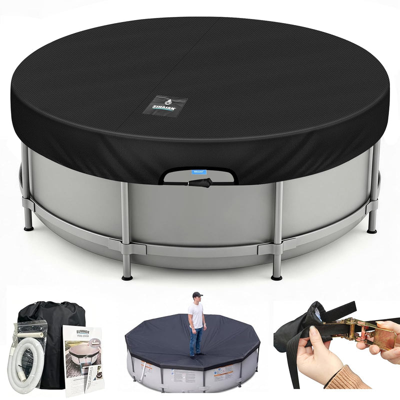 SIHAIAN 12 Ft Round Pool Cover, with Automatic Drain Pool Cover, Patented One-Piece Tensioning System Above Ground Pool Cover, Preventing
