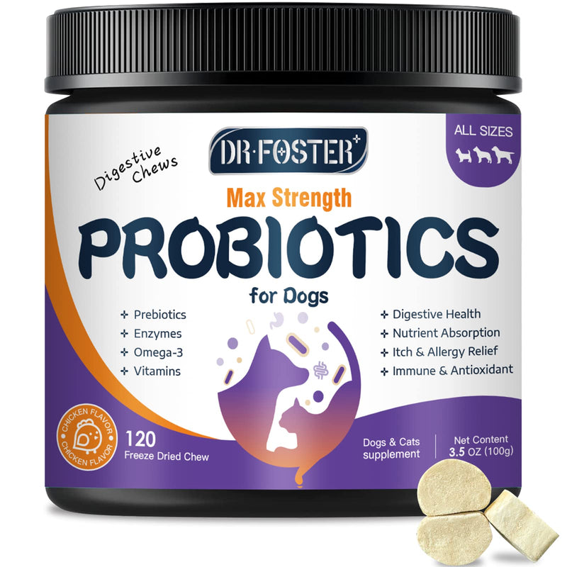 Probiotics for Dogs, Freeze-Dried Dog Probiotics and Digestive Enzymes, plus Omega-3 for Itchy Skin, 3-In-1 Prebiotics for Digestive Health, Dog