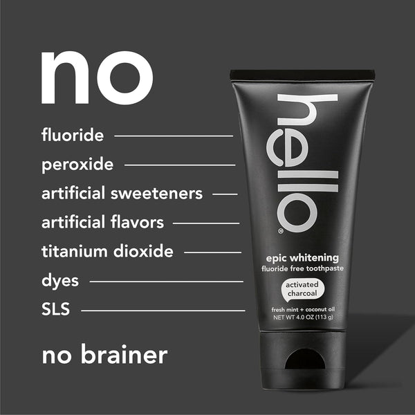 Hello Epic Whitening Charcoal Fluoride Free Toothpaste, Activated Charcoal Toothpaste with Coconut Oil, Whitens Teeth Naturally, SLS Free, Fresh