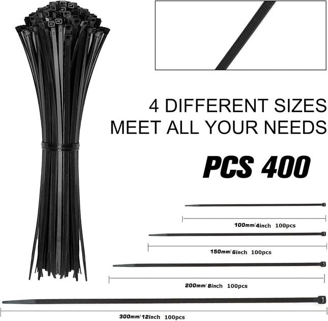Cable Zip Ties,400 Pack Black Assorted Sizes 12+8+6+4 Inch,Multi-Purpose Self-Lo
