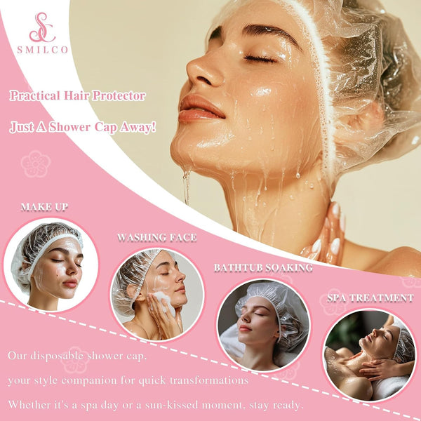 Smilco Disposable Shower Caps 100PCS - 18.1 Inch Large Plastic Hair Cap, Clear Elastic Waterproof Bath Caps - Travel Essentials, Bathing