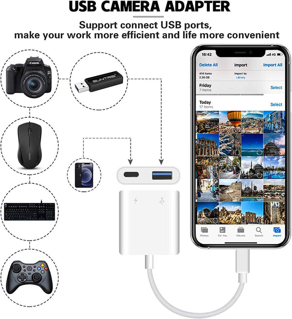 [Apple MFi Certified] Lightning to USB Camera Adapter for iPhone, OTG Adapter With Fast Charging Port, Compatible With iPhone/iPad/Card