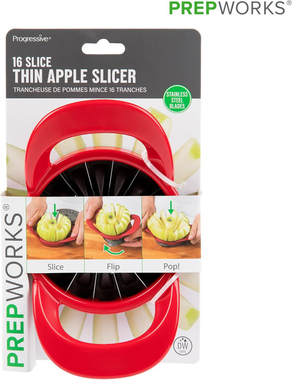 PrepWorks Apple Slicer and Corer, Attached Safety Cover, Cuts 16 Thin Apple Slices, Red Red 16 Slice
