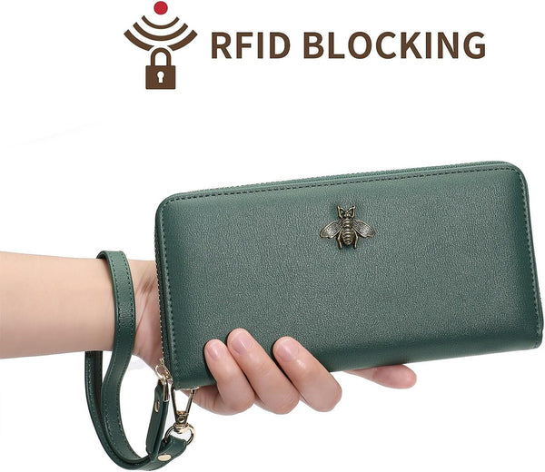 Women Wallet RFID Blocking Ladies Clutch Purses Long Wristlet Wallets for Women Dark Green