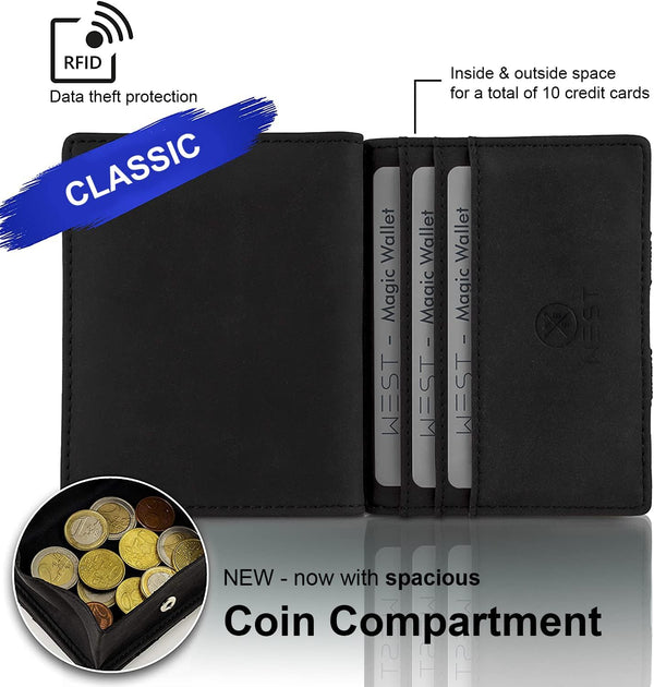 West - RFID Wallet with Coin Pouch + Gift Packaging - Compact & Small Magic Money Wallet - Extra Strong Money Bands