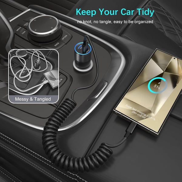 USB to USB C Cable Coiled Car Charger, C Charger Fast Charging Cord 3Ft for Carplay 60W 3A Retractable Auto USB a to USB C for Iphone 16 15 Galaxy