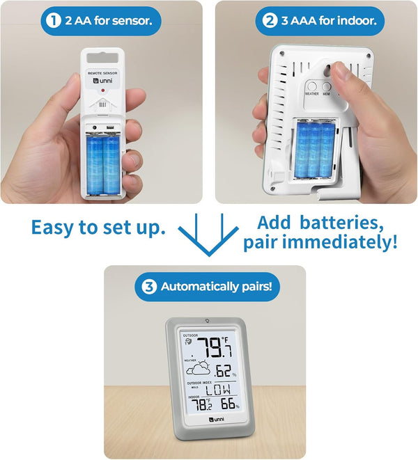 Indoor Outdoor Thermometer Hygrometer Wireless Weather Station, Temperature Humidity Monitor Battery Powered Inside Outside Thermometers with