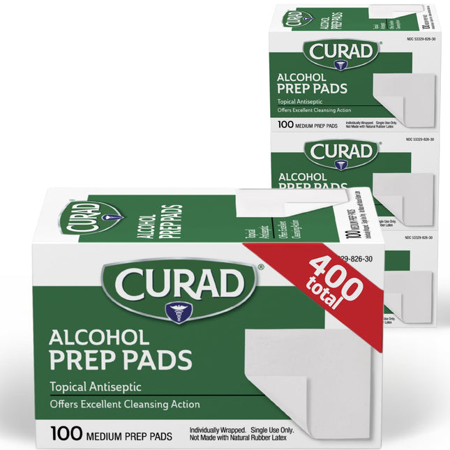 CURAD Alcohol Prep Pads (Pack of 4 Boxes) | 400 Pieces of Medium Isopropyl Alcoh