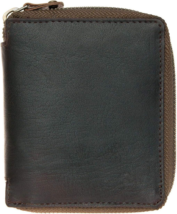 FLW Small Strong Oiled Genuine Leather Wallet with Metal Zipper around without Logos
