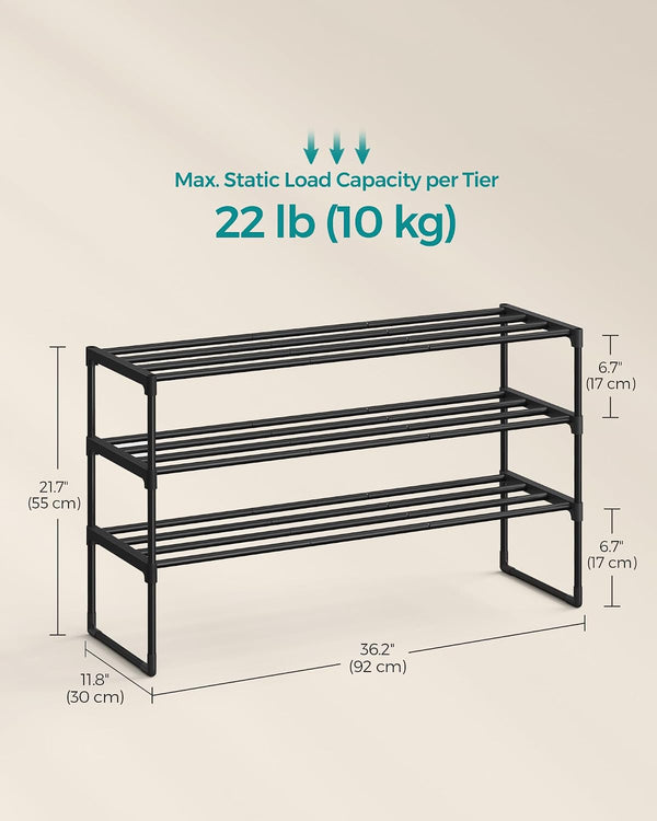 SONGMICS Shoe Rack, 3-Tier Shoe Organizer, Metal Storage Shelf, Upright or Upside Down, for 16-20 Pairs, Stackable, for Entryway, 11.8 x 36.2 x