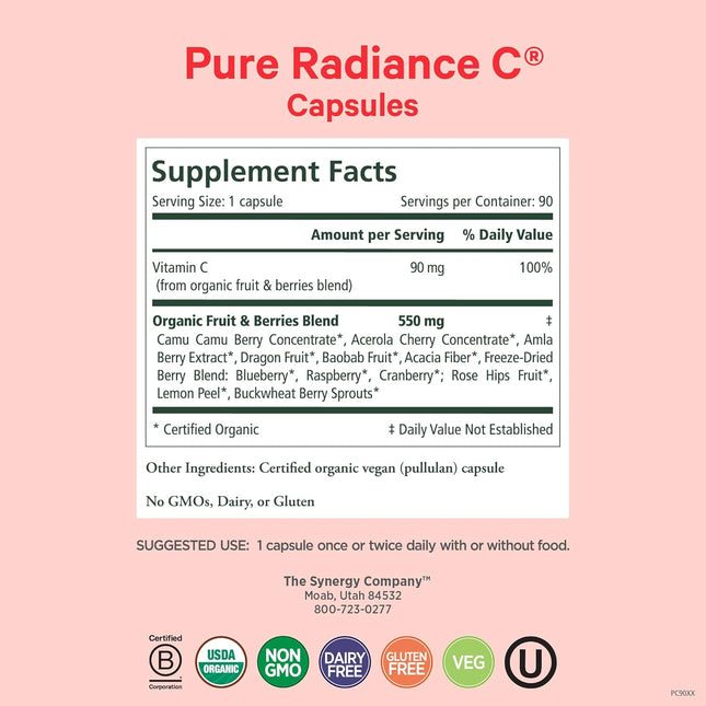 PURE SYNERGY Pure Radiance C | Organic Vitamin C Capsules | 100% Natural, Whole 