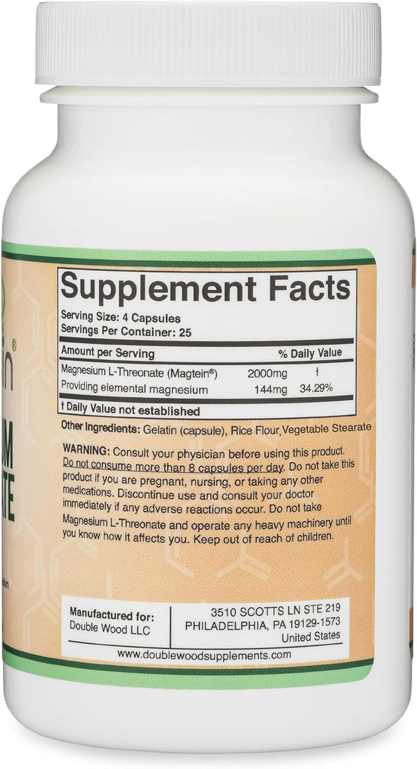 Magnesium L Threonate, Magtein™, Sleep and Cognitive Support – High Absorption – Most Bioavailable Form of Magnesium – 2,000 Mg – 120 Capsules