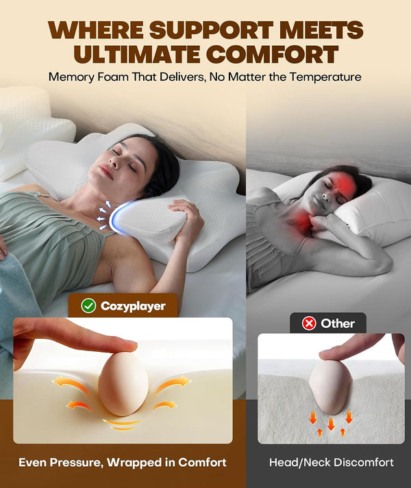 Cozyplayer True Cooling Cervical Neck Pillow for Pain Relief, Ergonomic Side Sleeper Pillow for Neck Support, Odorless Orthopedic Contour Memory