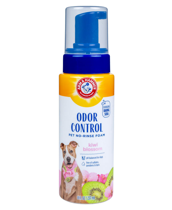 Arm & Hammer for Pets Odor Control No-Rinse Foam Dogs Kiwi Blossom Scent Waterless Baking Soda Deodorizer pH Balanced 8 FL OZ Sulfate-Free Odor