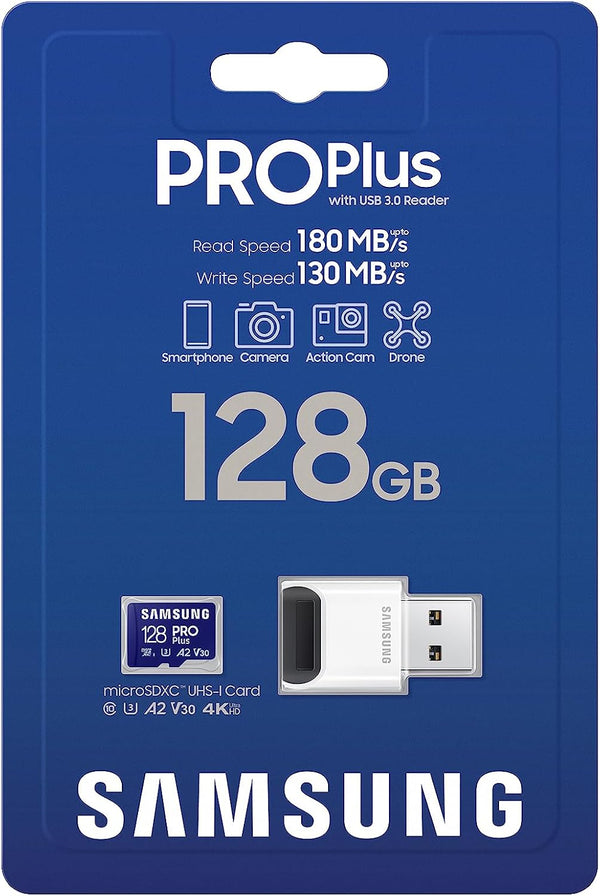 SAMSUNG PRO plus Microsd Memory Card + Reader, 128GB Microsdxc, up to 180 Mb/S, Full HD & 4K UHD, UHS-I, C10, U3, V30, A2 for Android Phones,