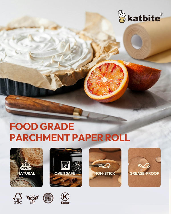 Katbite Unbleached Parchment Paper Roll, 15in x 242ft, 300 Sq.Ft, Non-Stick with Serrated Cutter for Baking, Cooking, Air Fryer 15 in x 242 ft