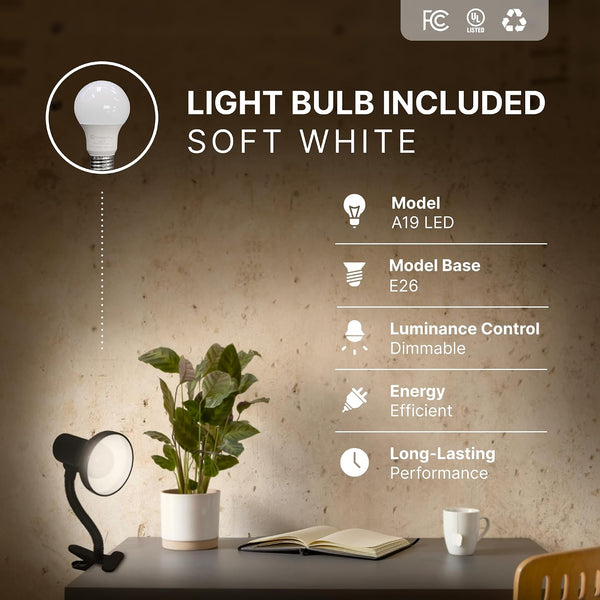 Xtricity LED Clip on Desk Lamp with 360° Flexible Gooseneck, White Finish | Reading Light for Bed Headboard– A19 Bulb Included, 120V, On/Off