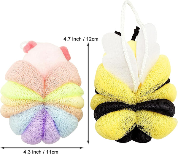 Bath Sponges 2Pieces Cute Cartoon Animal Bath Loofahs Pouf Mesh Balls Body Scrubber Bathing Accessories Gifts for Women (Bee + Pig)