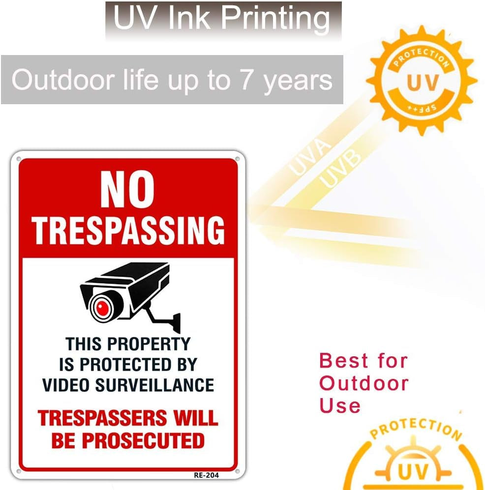 Large Video Surveillance Signs Outdoor,No Trespassing Sign Aluminum 10X14 Inch UV Ink Printed for House and Business (4-Pack)