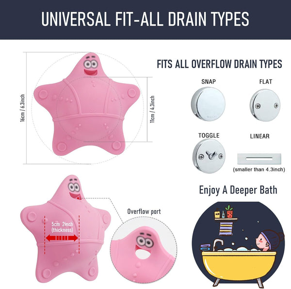 Bathtub Overflow Drain Cover with 5 Suction Cups, Pink | Adds 3-4 Inches of Water Depth, Starfish-Shaped Silicone Bath Tub Drain Plug