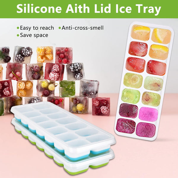 Ice Cube Tray, 4 Pack Silicone Ice Tray, 14 Ice Cube Molds with Lids, Stackable Ice Cube Molds for Chilling Drinks, Whiskeys, Cocktails (2Blue +