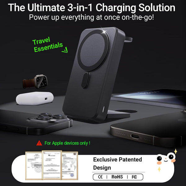 Kysson Foldable 3 in 1 Charging Station for Multiple Devices, Travel Wireless Charger for MagSafe Charger Stand, Magnetic Charging Stand for