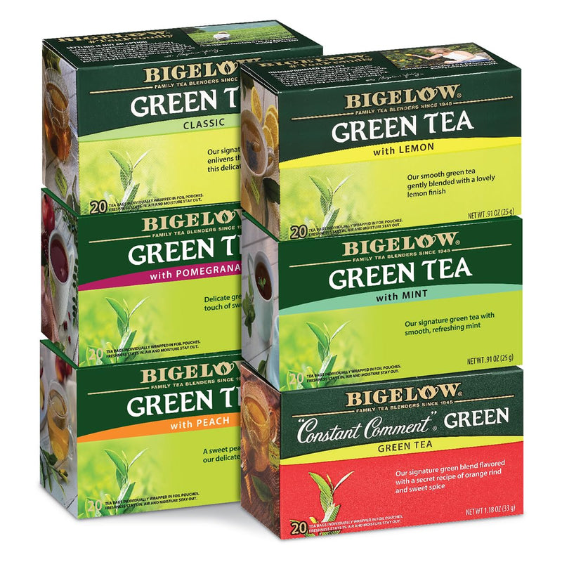 Bigelow Tea Green Tea Variety Pack, Classic Green Tea, Lemon, Pomegranate, Mint, Peach and Constant Comment Flavors, 20 Count Box (Pack of 6), 120