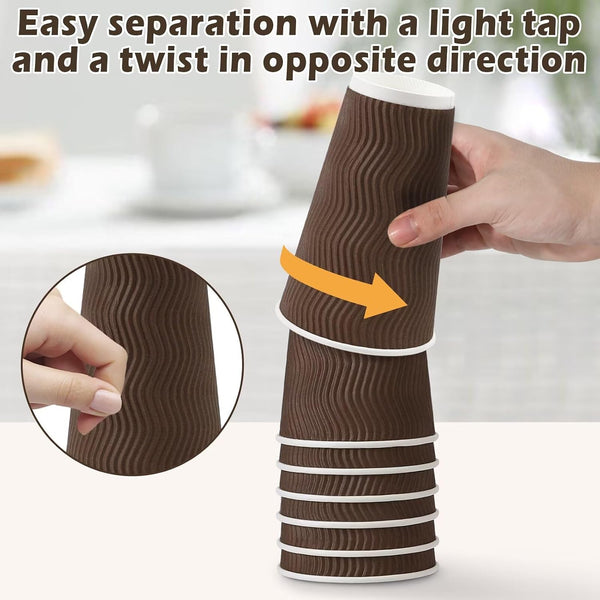 16 oz Insulated Disposable Paper Coffee Cups with Lids 50 Pack | Triple Ripple Wall Reduces Heat Transfer, Brown To Go Coffee Cup For Hot