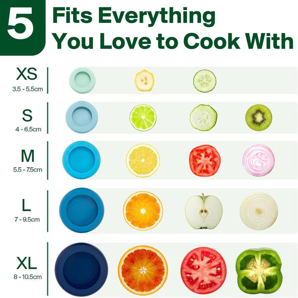 Food Huggers 5Pc Reusable Silicone Food Savers | BPA Free & Dishwasher Safe | Fruit & Vegetable Produce Storage for Onion, Tomato, Lemon, Banana,