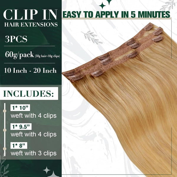 RUNATURE Clip in Extensions Real Human Hair, Remy Clip in Hair Extensions, Real Hair Extensions Clip Ins for Women, 10 Inch 50G 3Pcs, 6P24