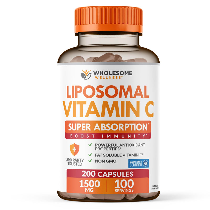 Wholesome Wellness Liposomal Vitamin C Capsules (200 Pills 1500Mg Buffered) High Absorption, Immune System & Collagen Booster, High Dose Fat