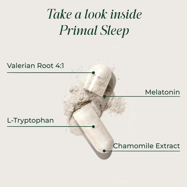 Primal Harvest Primal Sleep Support Supplement, 60 Capsules with Valerian Root, L-Tryptophan, GABA, Chamomile, and Melatonin 3Mg