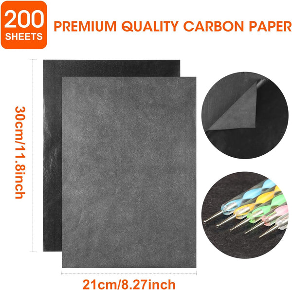 200 Sheets Carbon Paper Black Graphite Paper Transfer Tracing Paper and 5 Pieces Ball Embossing Styluses for DIY Woodworking, Paper, Canvas and
