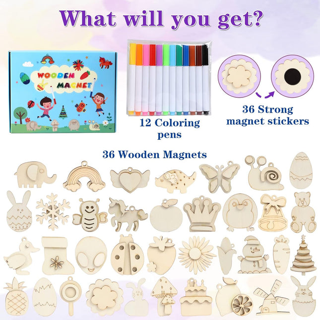 Worgree DIY Wooden Magnets, 36 Pcs Wooden Art Craft Supplies Painting Kit for Ki