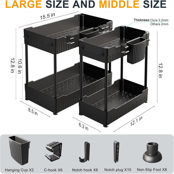 Sevenblue 2 Pack Under Sink Organizer, Under Bathroom Cabinet Organizer with Hooks Hanging Cup, Multi-Purpose Storage Shelf for Kitchen Bathroom,