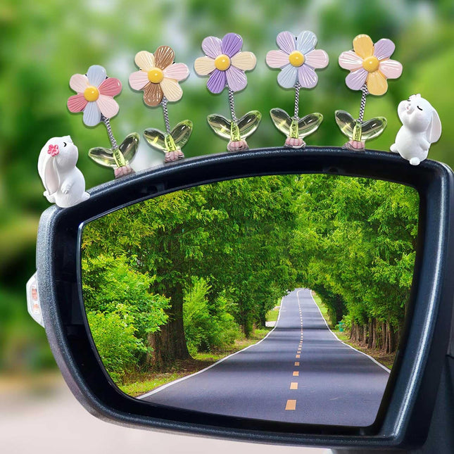 7Pcs Cute Car Rearview Mirror Accessories, Funny Bunny Car Ornament, Shaking Spring Sunflower Dashboard Decorations, Int