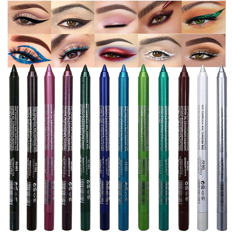 Evpct 12Pcs Green Blue White Black Brown Purple Color Gel Glitter Eyeliner Pencils Set for Women Waterline Waterproof Smudge Proof Lapiz De Ojos