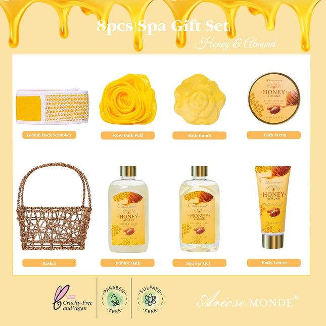 Gift Baskets , Spa Gifts for Women, 8Pcs Honey Almond Bath Gift Set for Women, R