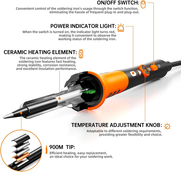 60W Adjustable Temperature Soldering Iron Kit - 9-in-1 With 5 Tips, Solder Wire Stand for Soldering and Repair Orange