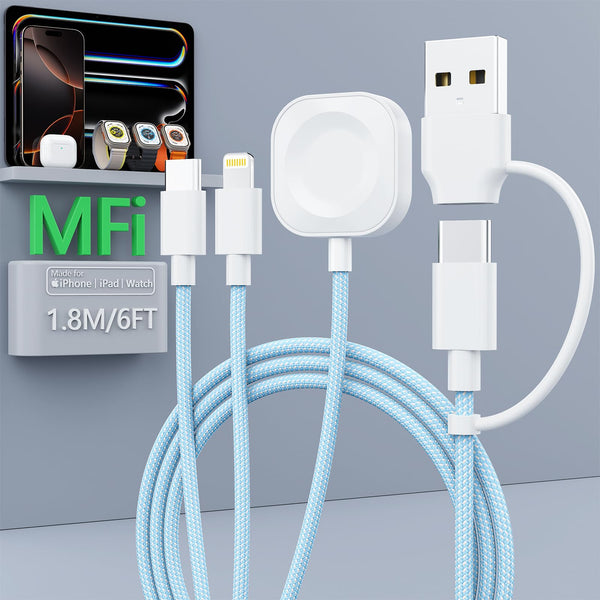 4 in 2 Travel Multi Charging Cable for Apple Watch Charger (6FT/1.8M), Universal Chargers for All Devices Travel Essentials Compatible with Apple
