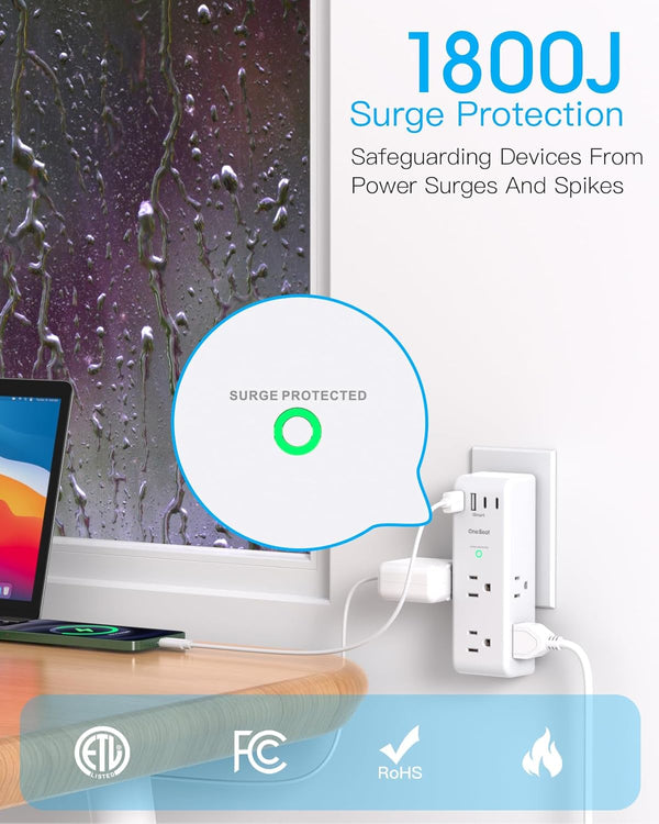 Surge Protector Outlet Extender with Rotating Plug, Multi Plug Wall Outlet 2C2A, 1 Pack White