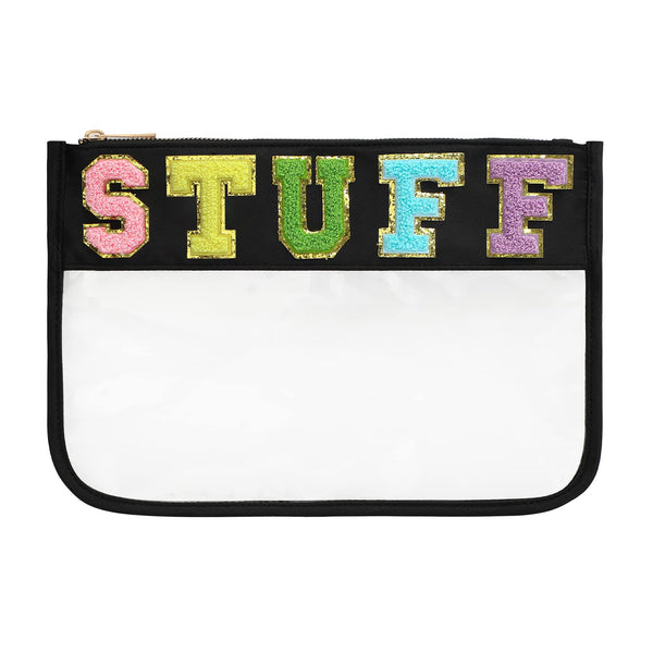 DYSHAYEN Chenille Letter Clear Zipper Pouch for Travel,Nylon Clear Cosmetic Bag,Makeup Travel Bag for Women Girls 11.8 Inches x 8.2 Inches Black-Stuff