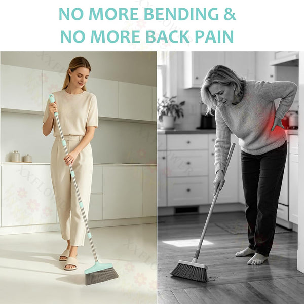 XXXFLOWER Broom and Dustpan Set with Cleaning Teeth, 54.5" Long Handle Indoor Sweeping Combo for Home Office Kitchen, Bluish Green
