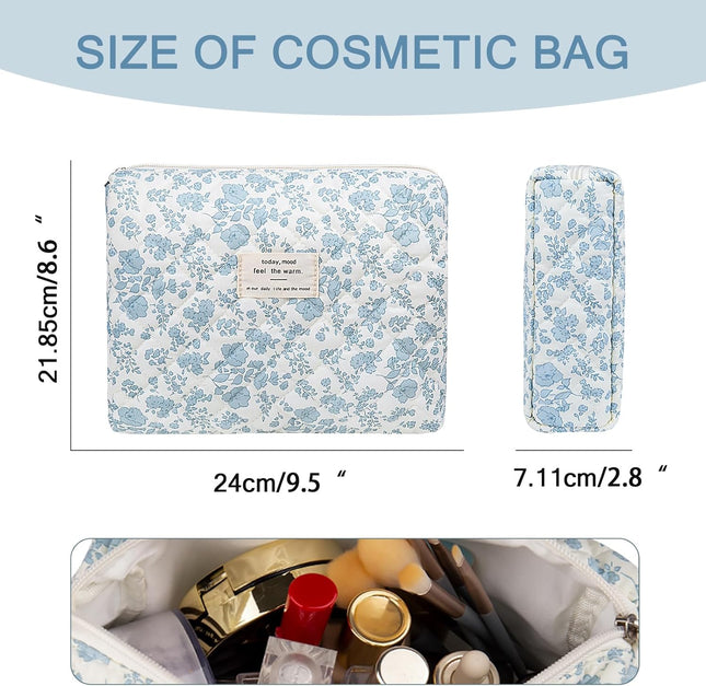 Floral Makeup Bag, Large Cosmetic Bag for Women Girls, Cute Cotton Make up Pouch