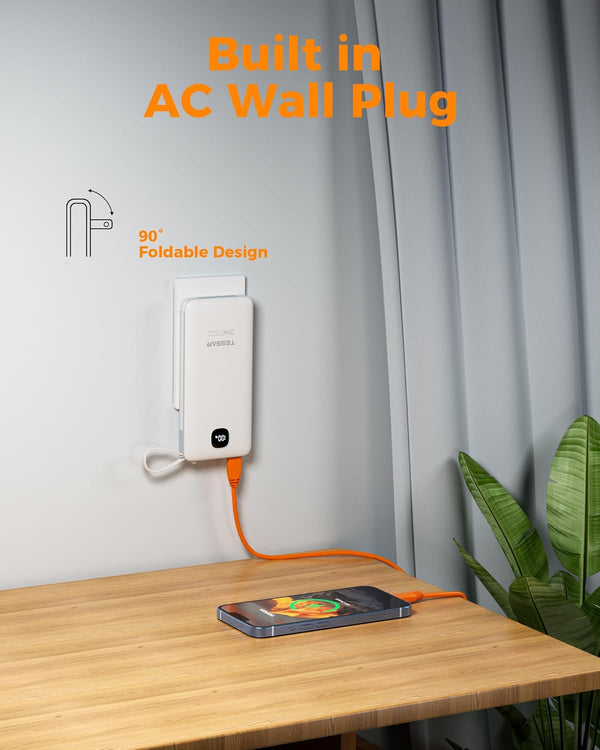 TESSAN Portable Charger with Built in Cables, 10000Mah Power Bank Fast Charging with Foldable Wall Plug Charger, 20W Compact Battery Pack Travel