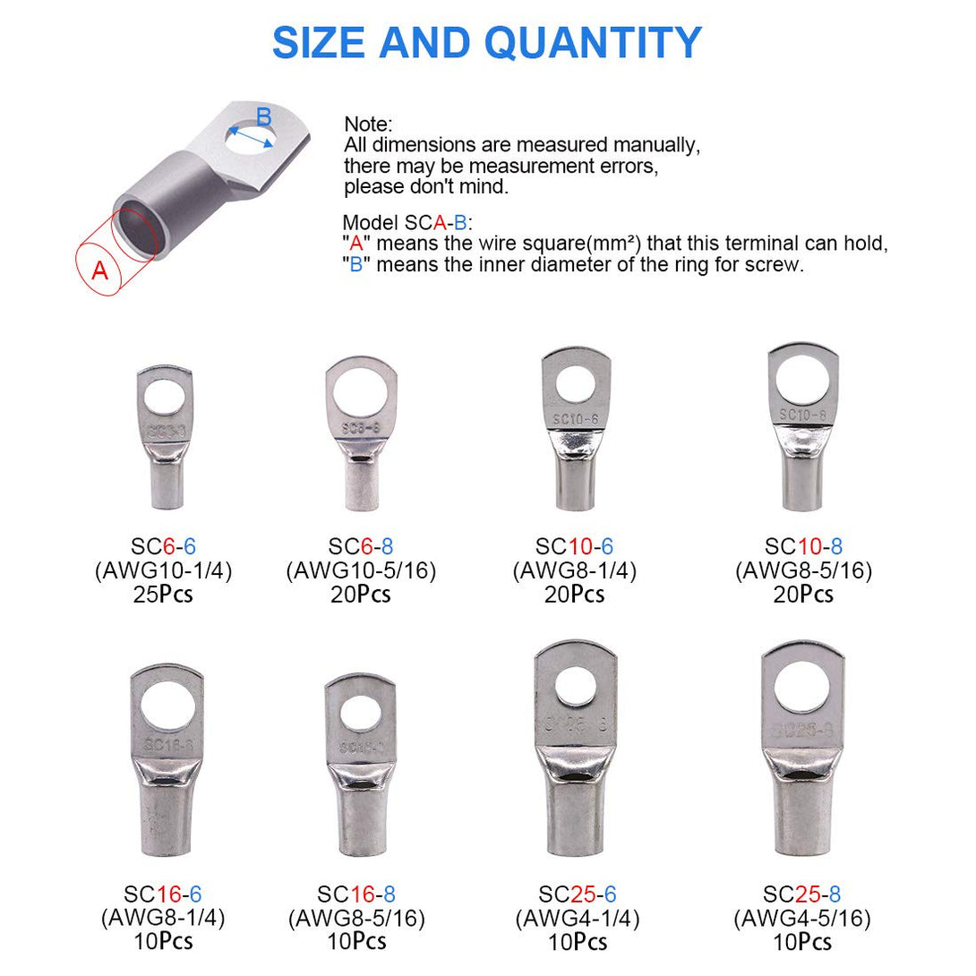 Glarks 125Pcs Marine Grade Heavy Duty Tinned Copper Wire Lugs Battery Cable Ends Eyelets SC Ring Terminal Connectors Assortment Kit