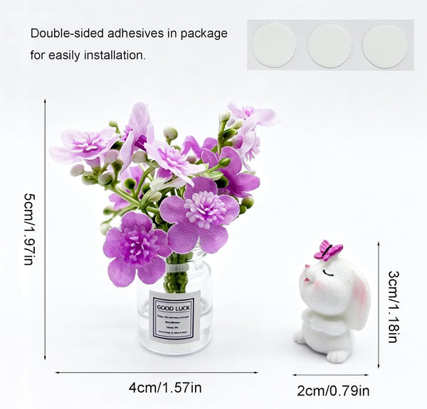 Set of 2 Cute Mini Bunny and Peach Blossom in Flower Vase Car Rearview Mirror Ornaments Funny Dashboard Decorations Kawaii Car Interior