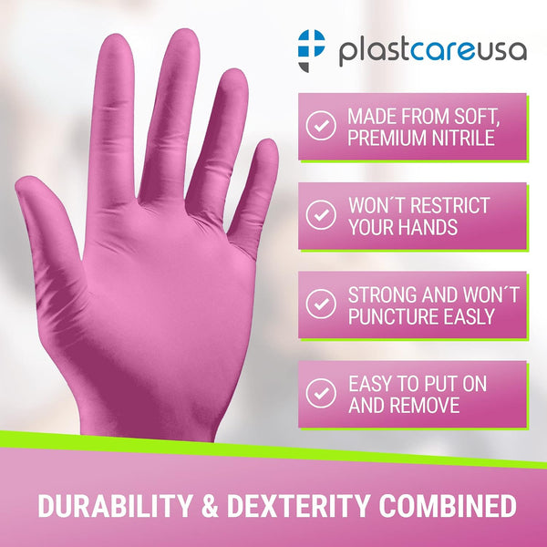 100 Nitrile Exam Gloves 3.5 Mil - Latex & Powder Free, Disposable Non-Sterile Protective Gloves By PlastCare Large Pink