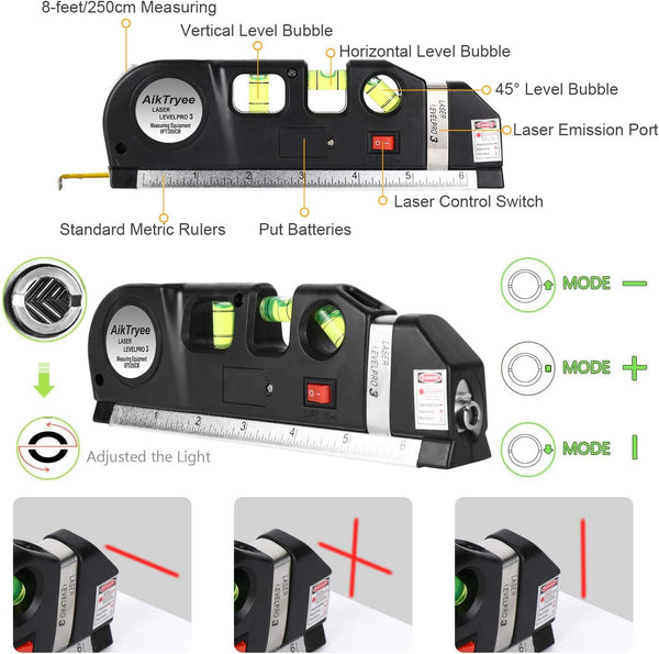 Laser Level Line Tool, Multipurpose Laser Level Kit Standard Cross Line Laser Leveler Beam Tool with Metric Rulers 8Ft/2.5M for Picture Hanging