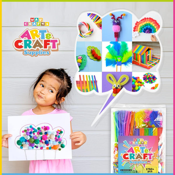 WAU CRAFTS Arts and Crafts Supplies for Kids - 1750 pcs Crafting for School Kindergarten Homeschool - Supplies Set for Craft Art - Supply Kit for